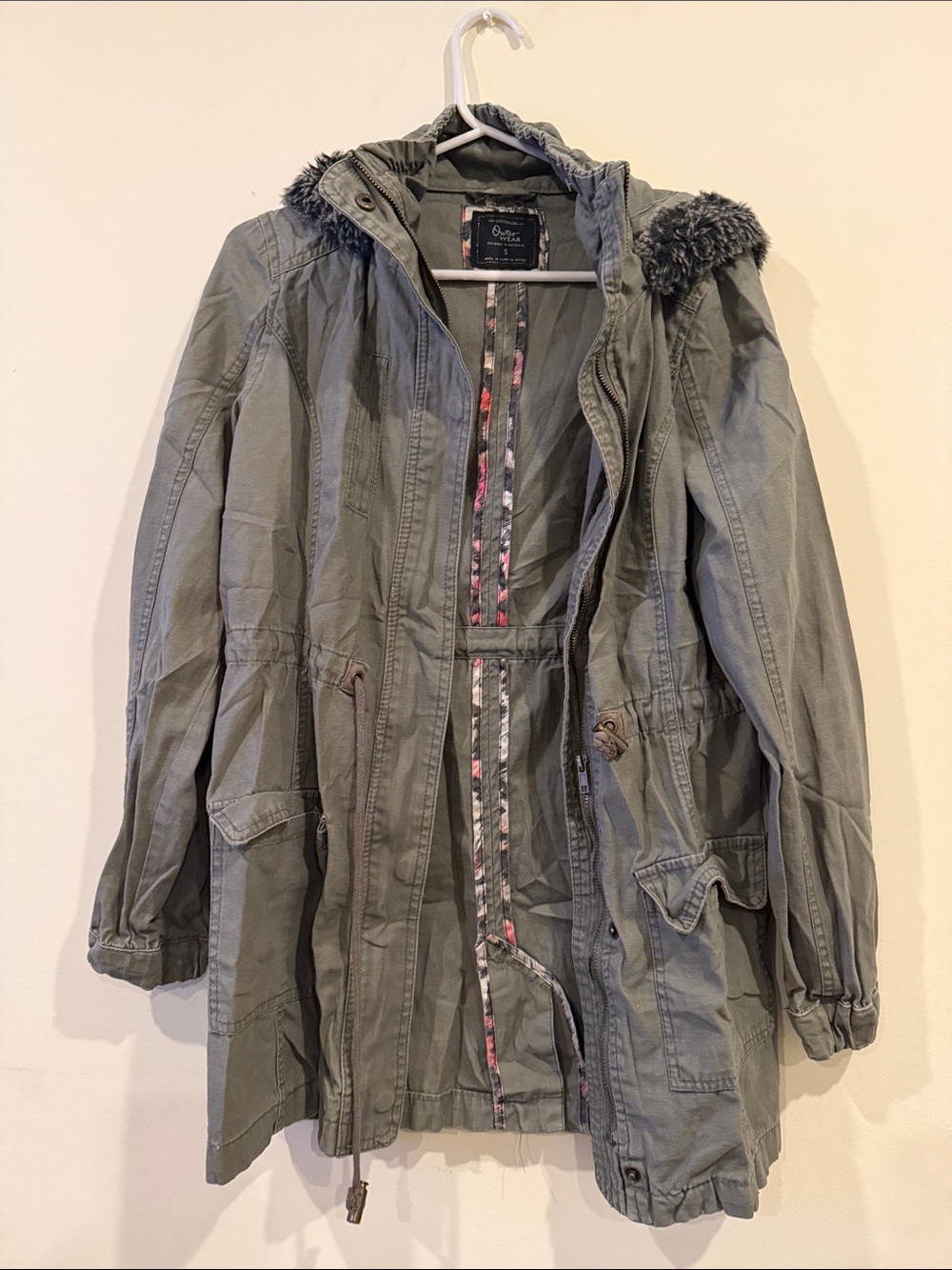 Cotton On Olive Green Utility Anorak with Faux Fur Hood Trim